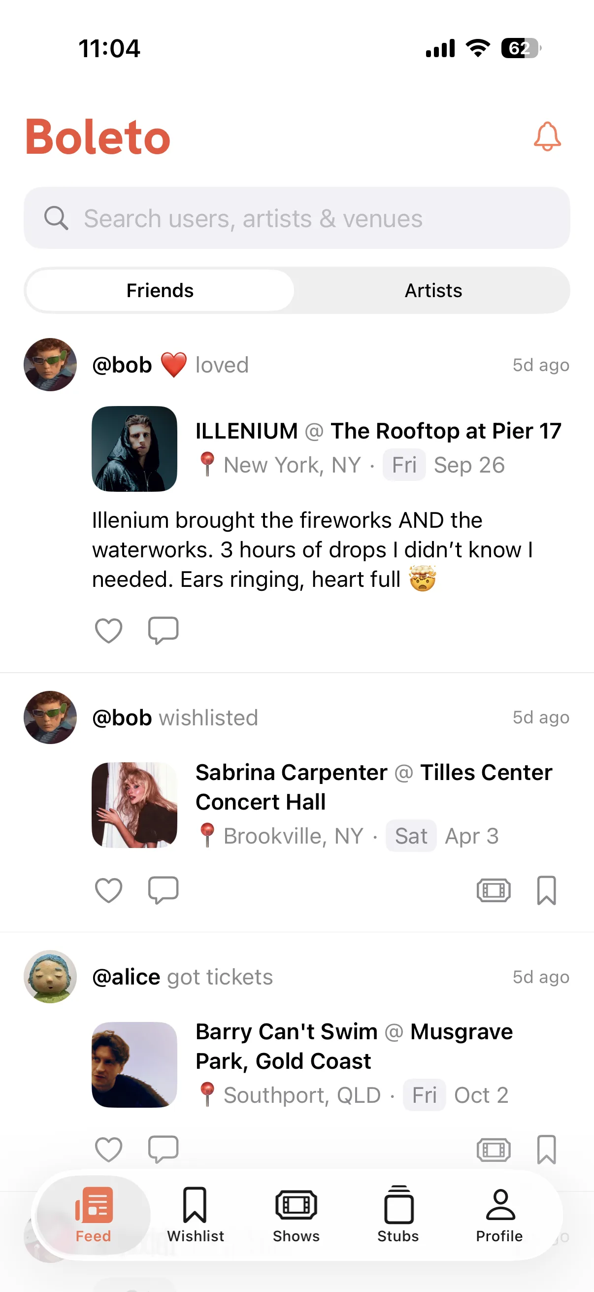 The Feed tab: friends loving, wishlisting, and getting tickets to shows