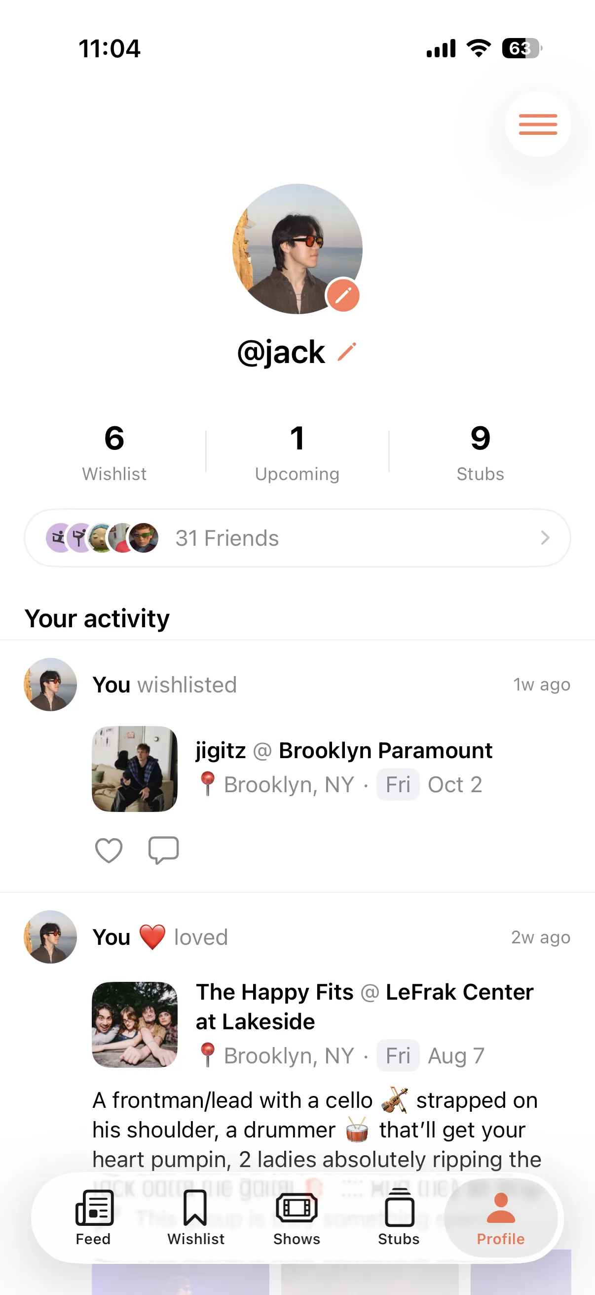 A Boleto profile with wishlist, upcoming, and stub counts, friends, and recent activity
