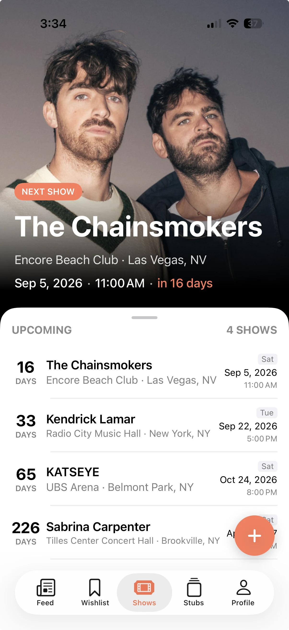 The Boleto Shows tab: The Chainsmokers as the next show, with a countdown and a list of upcoming shows