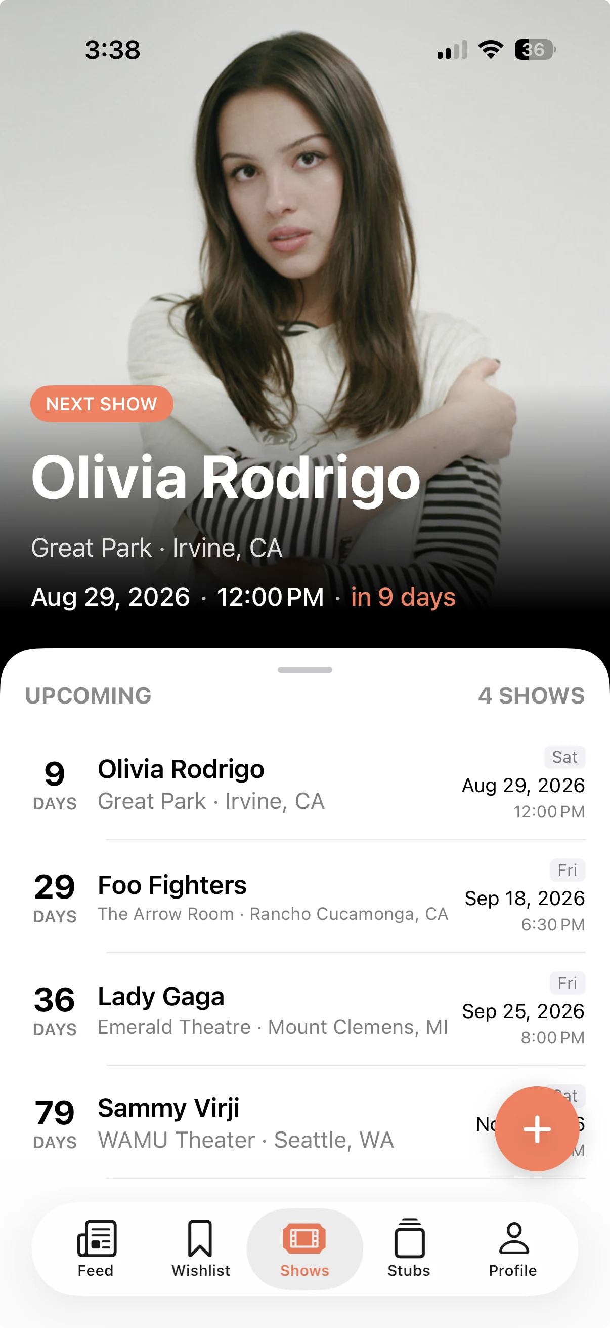 The Shows tab tracking Olivia Rodrigo, Foo Fighters, Lady Gaga, and Sammy Virji across four cities