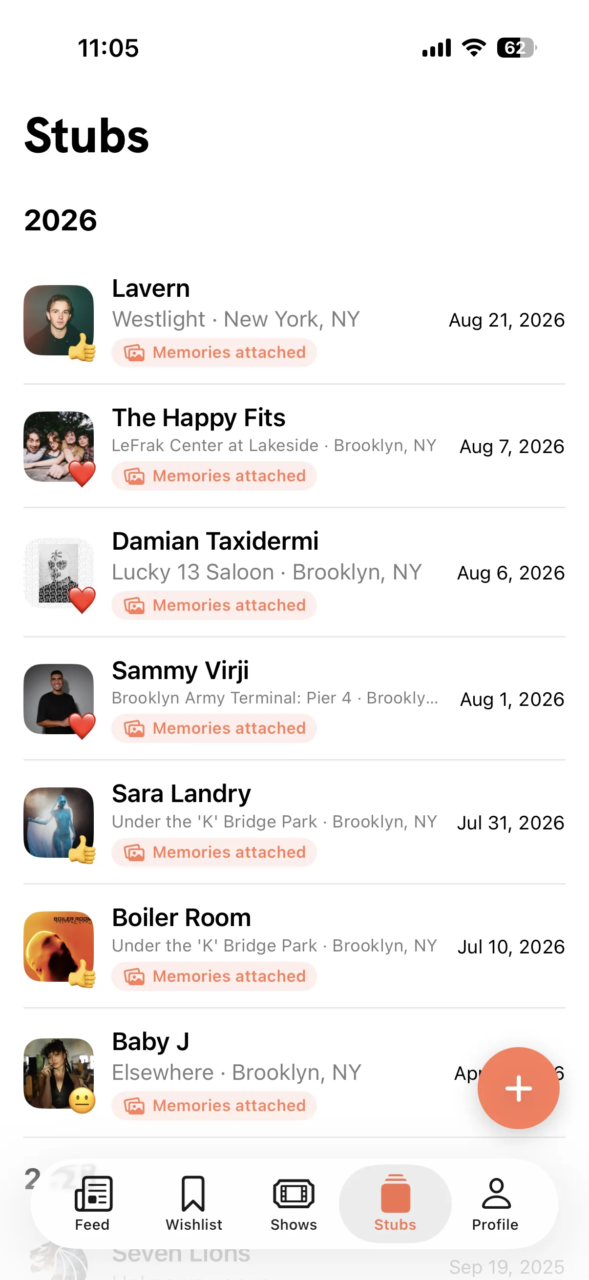 The Stubs tab: past shows with ratings and attached photo memories, grouped by year
