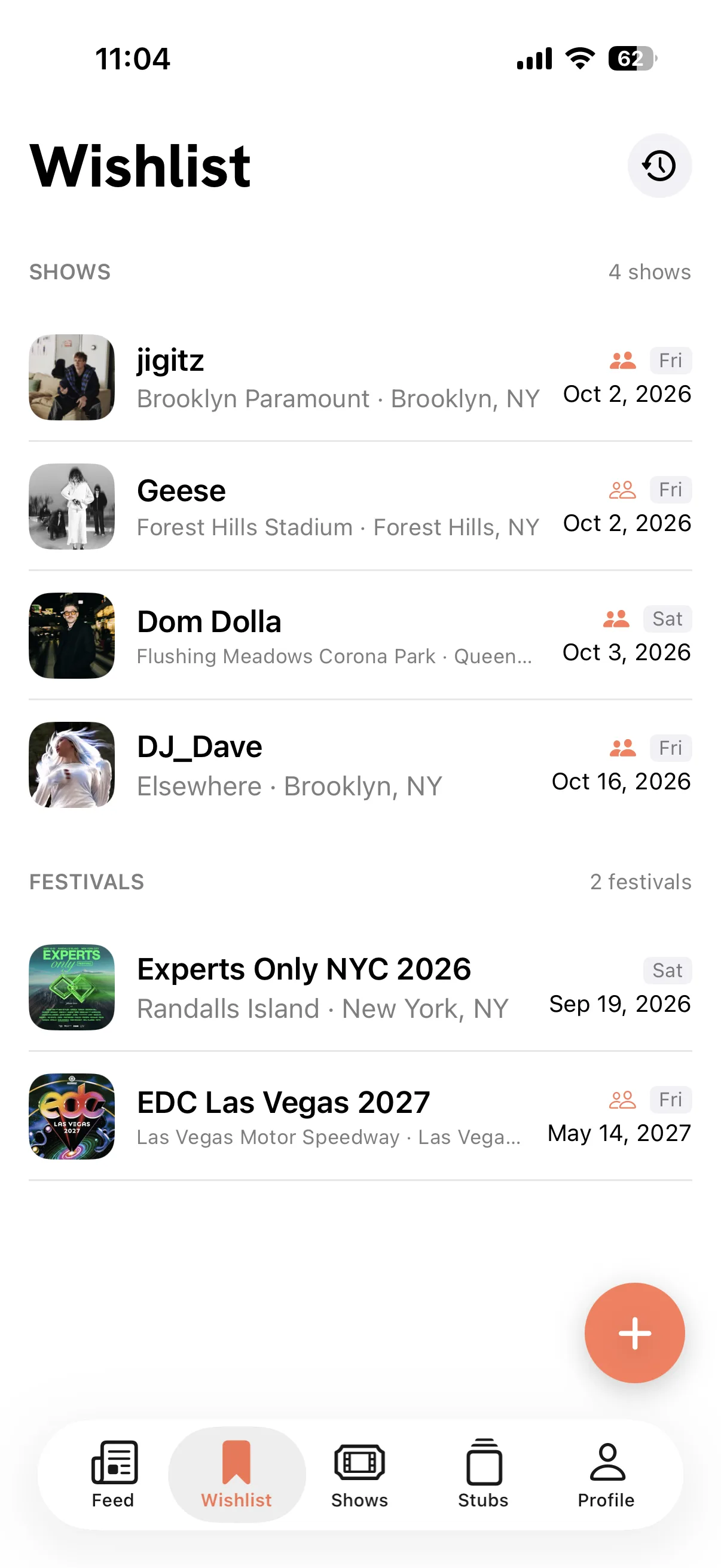 The Wishlist tab holding four shows and two festivals you're still deciding on